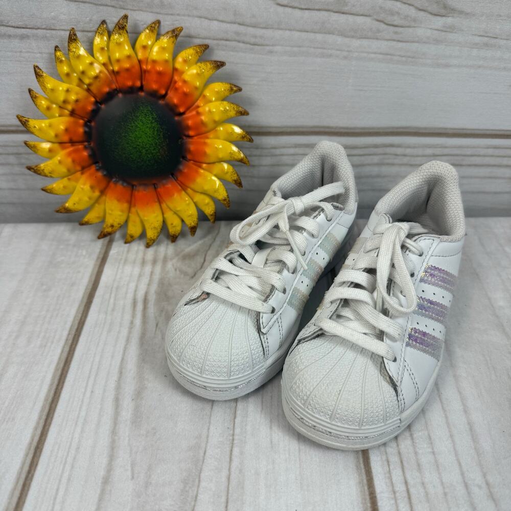 Kids Adidas Superstar White Iridescent Stripe Sneakers Shoes Size 10K